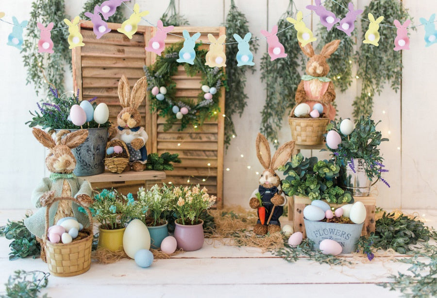 Qfdian Party decoration hot sale new Spring Easter Backdrop Brick Wall Egg Rabbit Newborn Baby Birthday Party Decor Wood Floor Photography Background Photo Studio