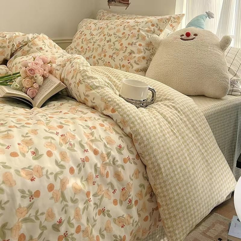 Ins Pastoral style Yellow Small Flowers Bedding Set Twin Queen Size Duvet Cover Flat Sheet Pillowcase Princess Girl Bed Linen