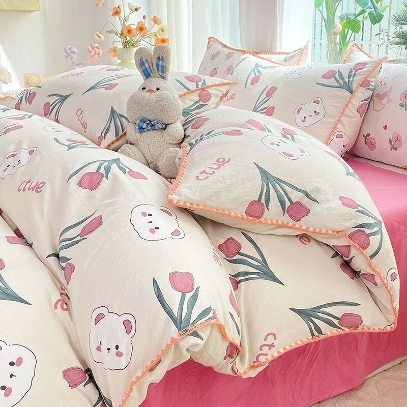 Ins Flower Bedding Sets Floral Summer Duvet Cover With Flat Sheet For Girls Woman Deocr Bedroom