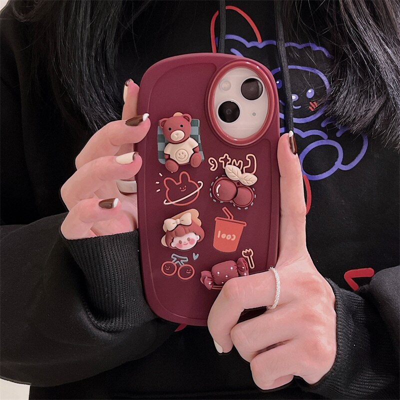 Qfdian iphone 13 pro max case For iphone 11 12 13 Pro Max XR Xs Max Phone Case Three-dimensional Cute Fashion Cartoon Girl Bear Candy Cherry Oval Frame Cover