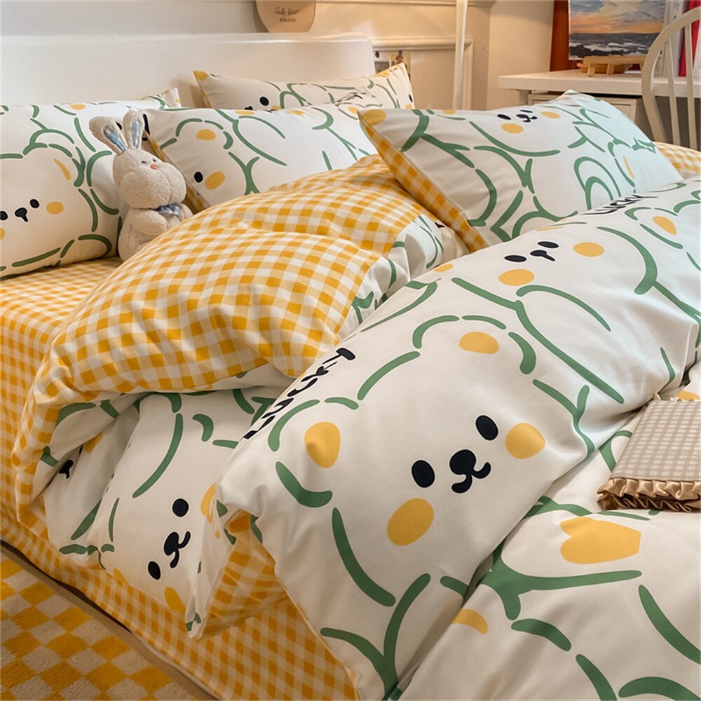 Qfdian Four Piece Bedding Set Cartoon Printed Cotton Bedsheets Set with Pillows Case Quilt Cover Three Piece Suit Home Textiles