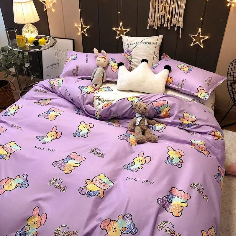 Boys Girls Bedding Set Fashion Adult Children Bed Linen Duvet Quilt Cover Pillowcase Cute Cartoon Bear Polyester Flat Sheets