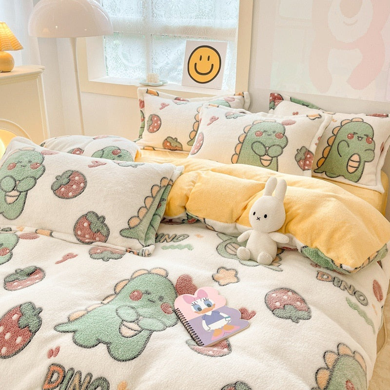 Winter Thick Warm Plush Comforter Cover Queen Bedding Sets Cartoon Quilt Cover Bed Sheet Pillowcase 4pcs Luxury Bed Linens