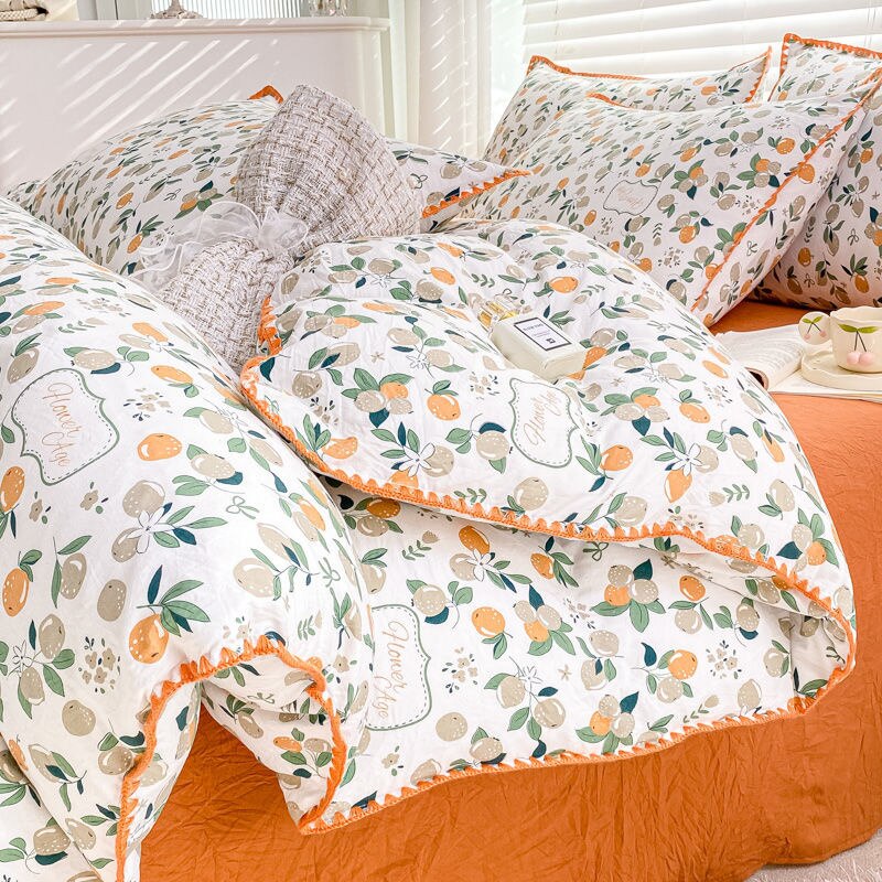 Cute Orange Bedding Sets ins Flower Duvet Cover Bed Sheet Soft Washed Cotton For Girl Single Size Bedspread