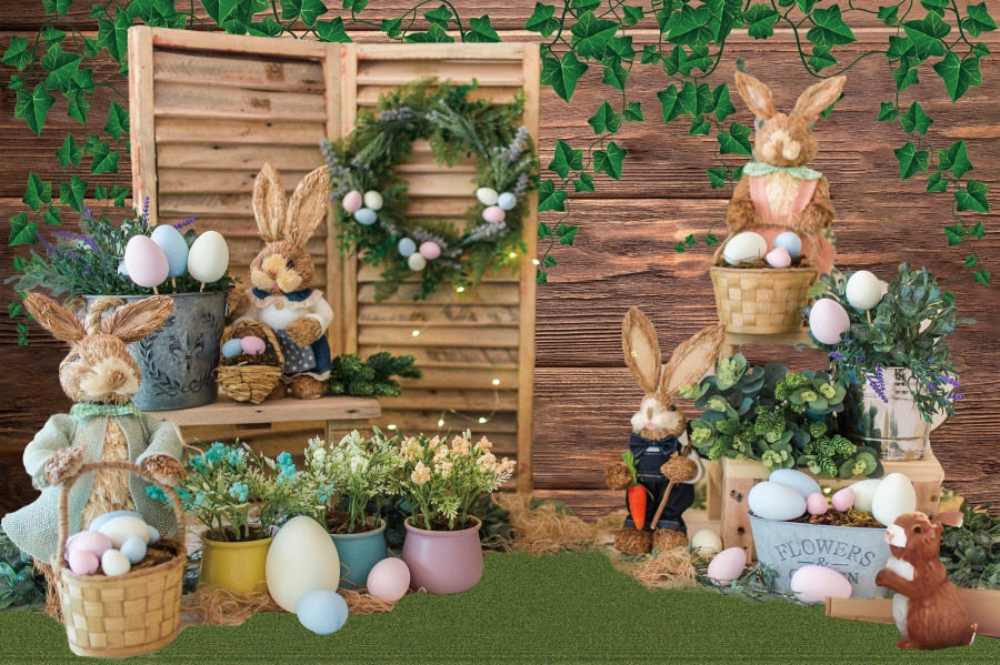 Qfdian Party decoration hot sale new Spring Easter Backdrop Brick Wall Egg Rabbit Newborn Baby Birthday Party Decor Wood Floor Photography Background Photo Studio