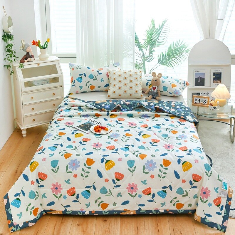 Cute Cotton Summer Quilt Floral Cartoon Double Side Air-conditioning Cool Comforter Breathable Blanket Kids Adult Thin Bed Cover