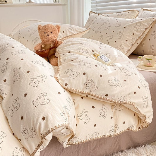 Cute Cartoon Bear Bedding Set Simple Duvet Cover Cotton Bed Linens Bed Sheets Pillowcase Single Double For Kids Decor Home