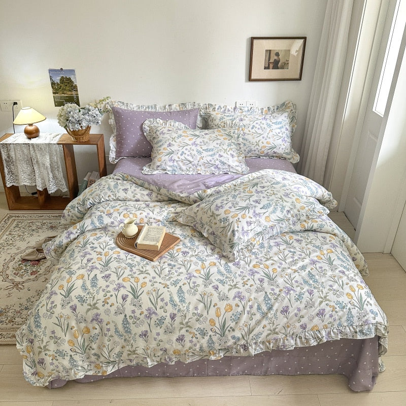 Qfdian 100% Cotton Small Floral Printed Lace Ruffle Bedding Set Simple Fresh Flower Single Duvet Cover Set Bed Linen Set Pillowcases