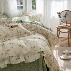 Qfdian 100% Cotton Small Floral Printed Lace Ruffle Bedding Set Simple Fresh Flower Single Duvet Cover Set Bed Linen Set Pillowcases