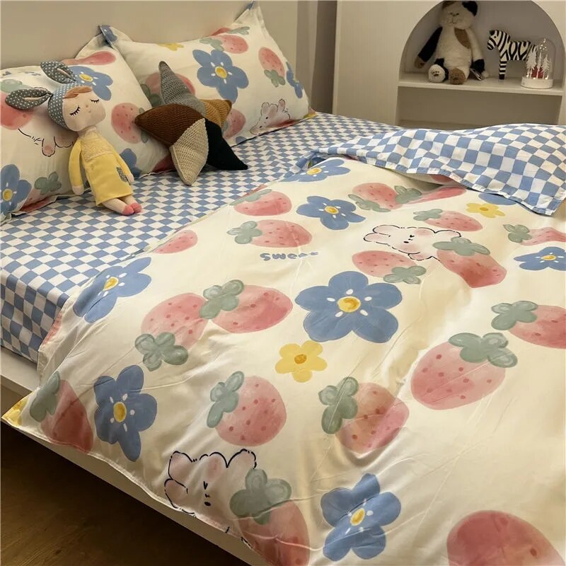 Ins Pastoral Style Green Floral Duvet Cover With Pillow Case Princess Bed Sheet Kids Girls Bedding Set King Queen Cute Kawaii