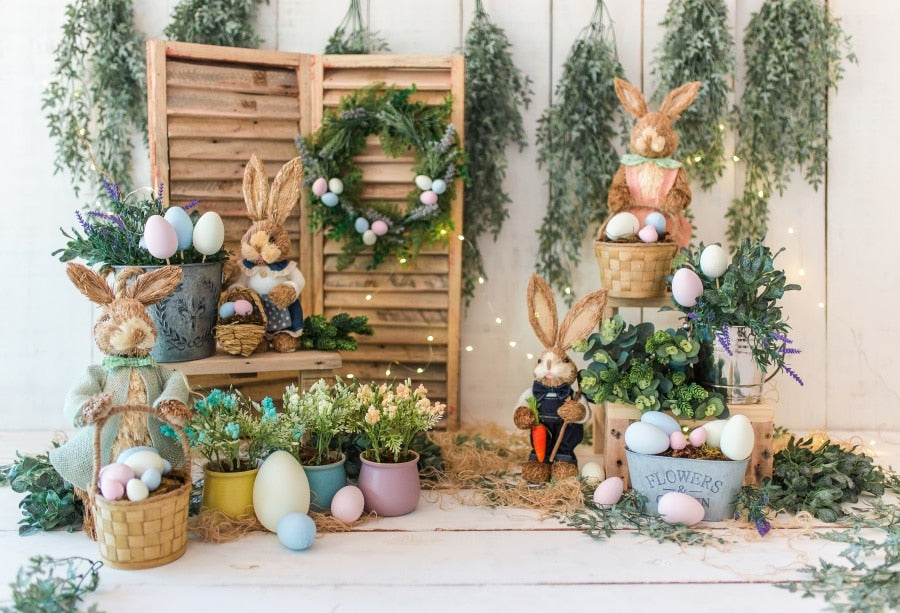 Qfdian Party decoration hot sale new Spring Easter Backdrop Brick Wall Egg Rabbit Newborn Baby Birthday Party Decor Wood Floor Photography Background Photo Studio