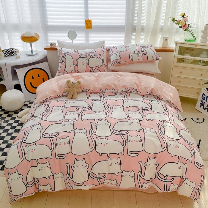 Ins Style Bedding Set Cotton Soft Flat Fitted Sheet Duvet Cover Pillowcase Floral Rabbit Boy Girls Home Textile Bedclothes