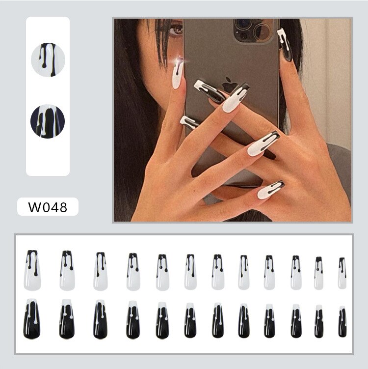 Qfdian gifts for women hot sale new 24pcs/box Fake Nails With Design Tai Chi White Black Full Cover Acrylic Press On Fake Nails Sets With Glue Long Artifical Nails