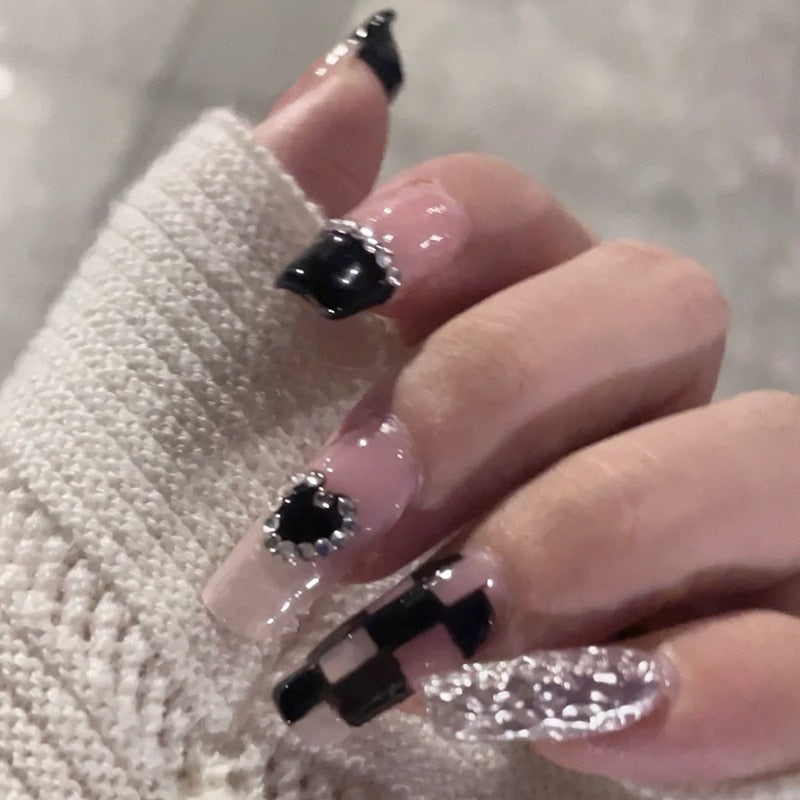 24PCS Glitter Press On Nails Korean Style Heart Rhinestone Design Coffin Fake Nails Full Cover Acrylic Nails Tips for girls Gift