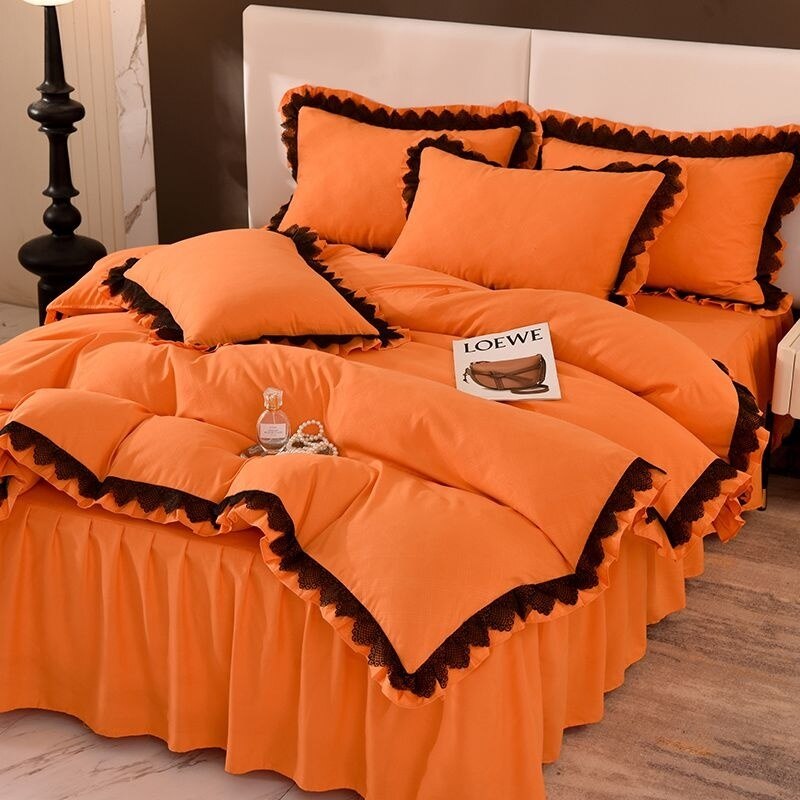 Luxury Solid Color Bedding Sets Princess Style French Lace Duvet Cover Bed Skirt Bedclothes For Girls 4 Piece Home Textiles