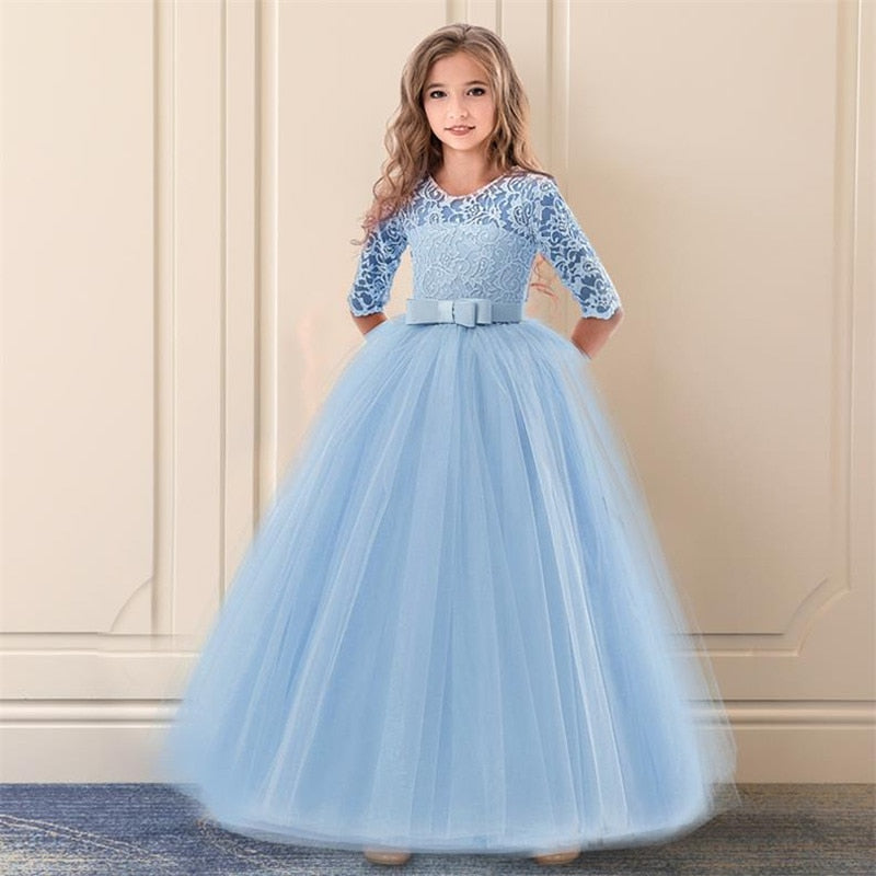 QFDIAN New Brand Flower Girls Dress Teenager Princess Wedding Party Kids Dresses for Girls Children Clothing 10 11 12 13 14 years