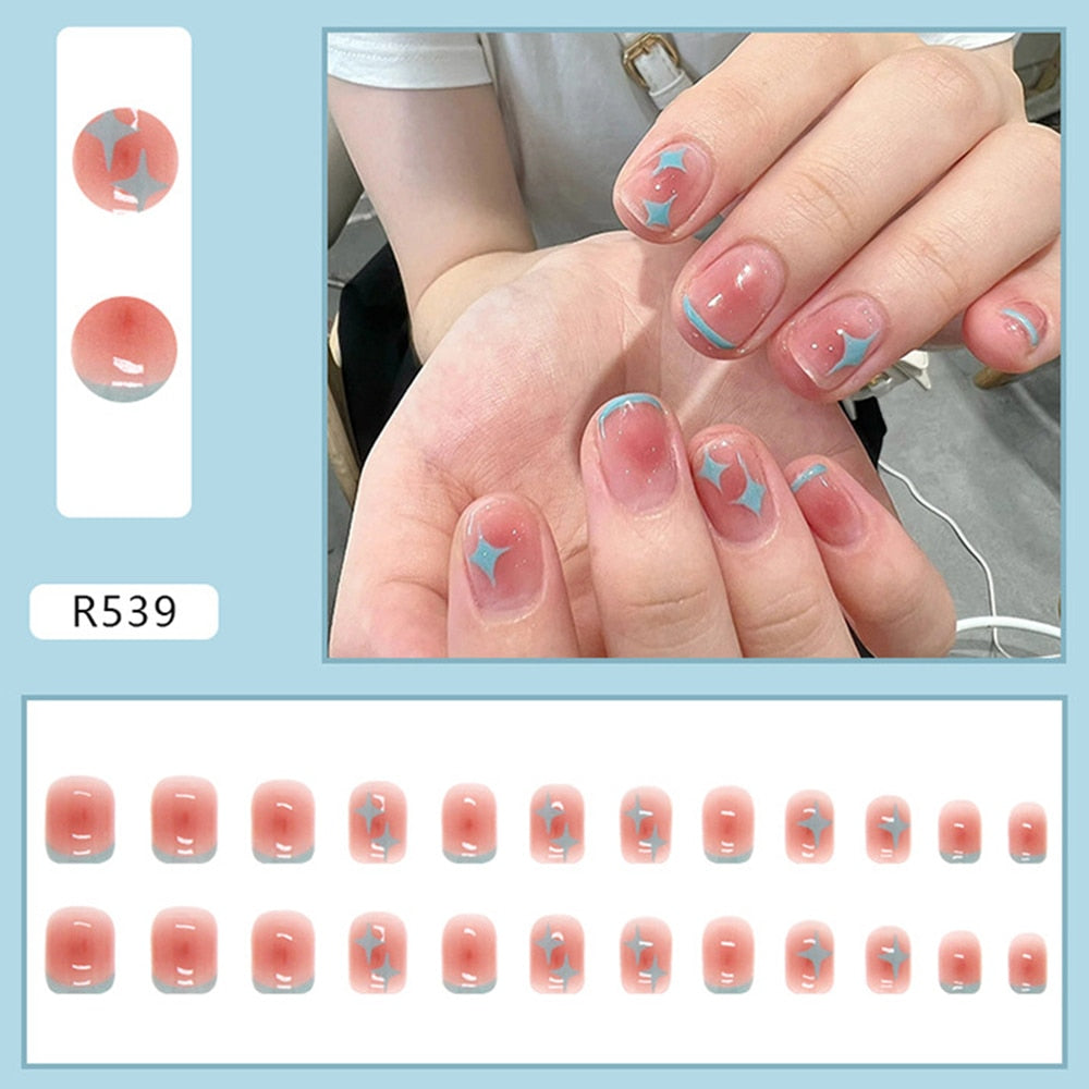 24pcs Gradient False Nails Cute Star Printed Design Fake Nail Short Square Faux Ongles Manicure Nail Stickers Press On Nail Tips