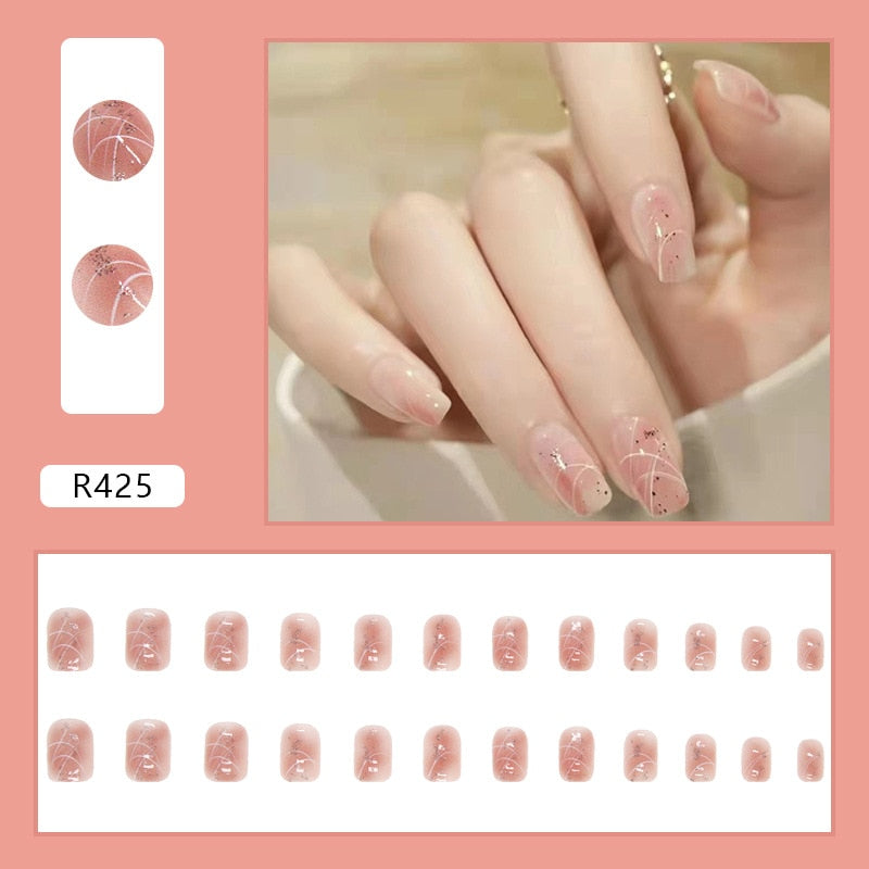 24PCS/Box 2023 New Artificial Nails With Glue Milky White Pink Gradients Long Ballet Full Cover Acrylic Nail Stick Fake Nail Tips