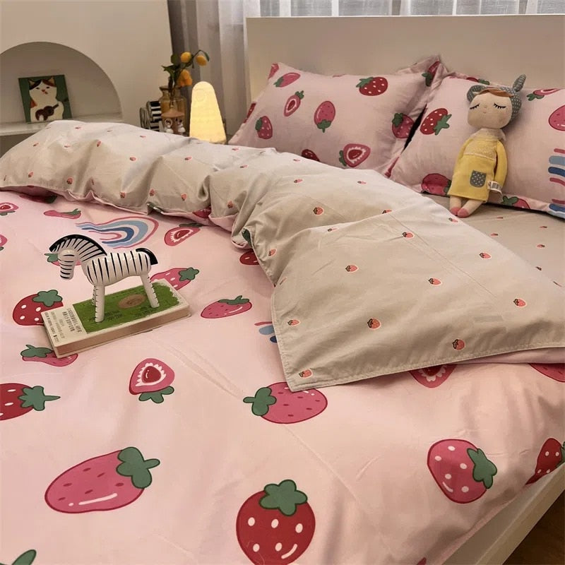 Simple Gird Bedding Set Strawberry Duvet Cover Flat Sheet Pillowcases Twin Single Queen Size Bed Linen Home Textile