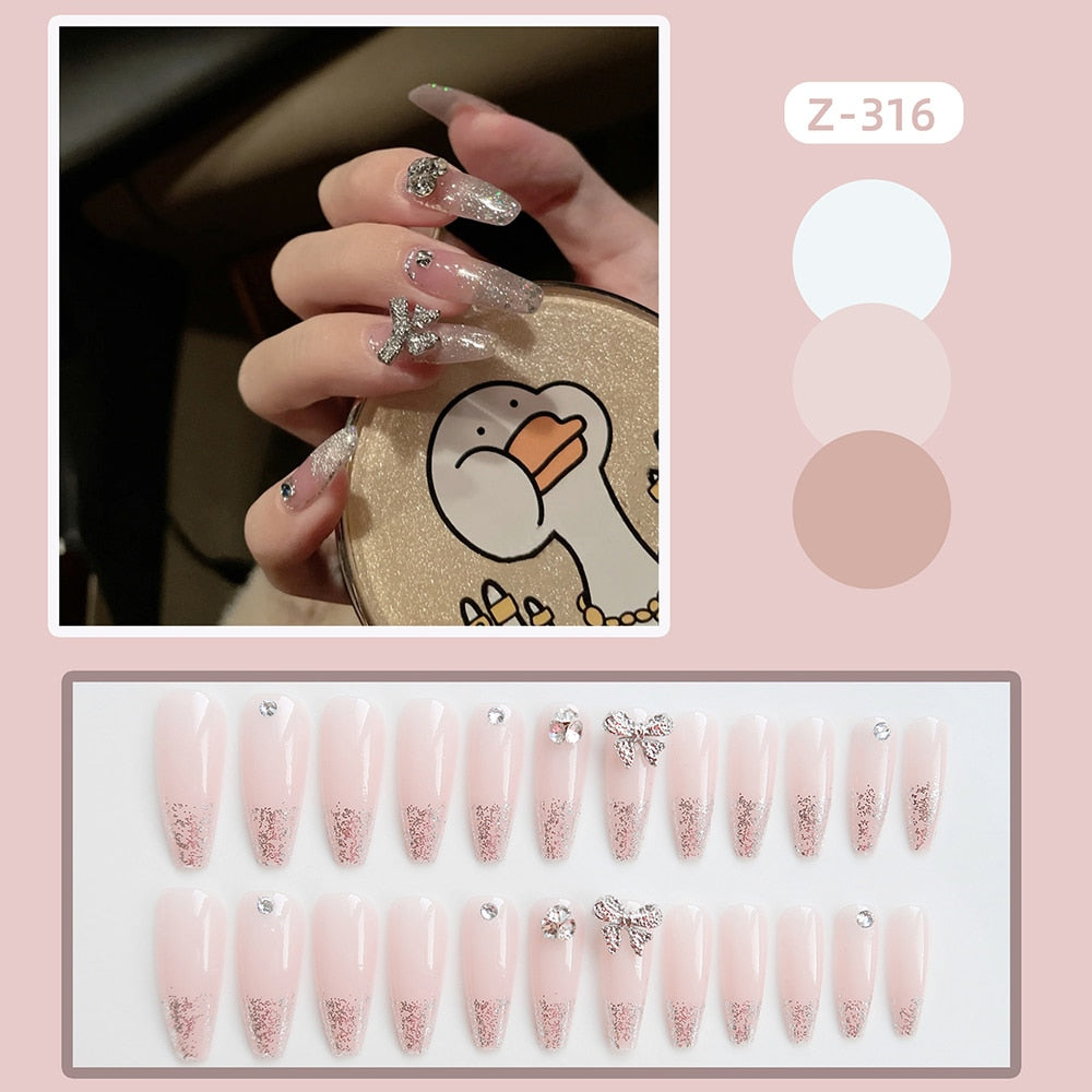 24Pcs Coffin Pink False Nails 3D Heart Diamond y2k Mid-length Fake Nails Full Finished Tulip Pattern Fake Nail Patches For Girls