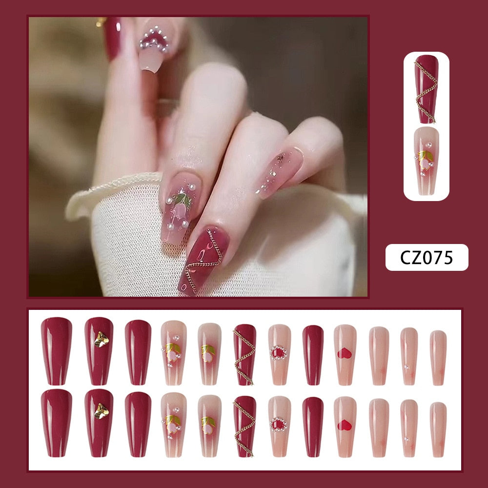 24Pcs Coffin Pink False Nails 3D Heart Diamond y2k Mid-length Fake Nails Full Finished Tulip Pattern Fake Nail Patches For Girls