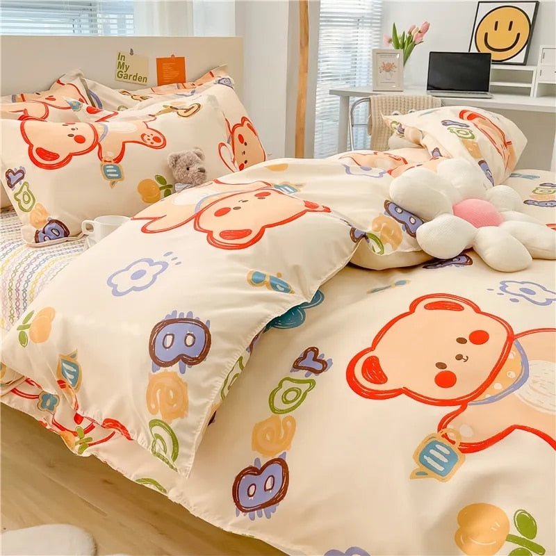 Boys Girls Bedding Set Fashion Adult Children Bed Linen Duvet Quilt Cover Pillowcase Cute Cartoon Bear Polyester Flat Sheets