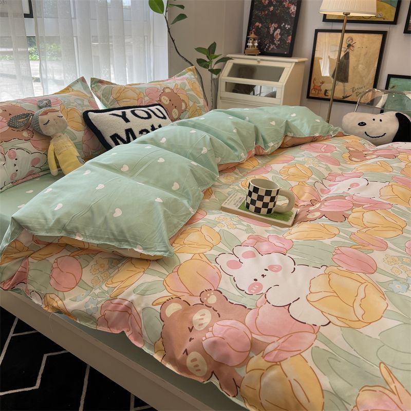 Cute Rabbit Bedding Set with Duvet Cover Flat Sheet Pillowcases Twin Double Queen Size Bed Linen Floral Home Textile