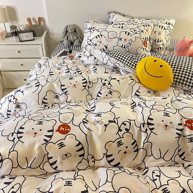 Black Bedding Set Boys Girls Soft Duvet Cover No Filling Flat Sheet Pillowcases Cartoon Plaid Single Double Size Bedspread