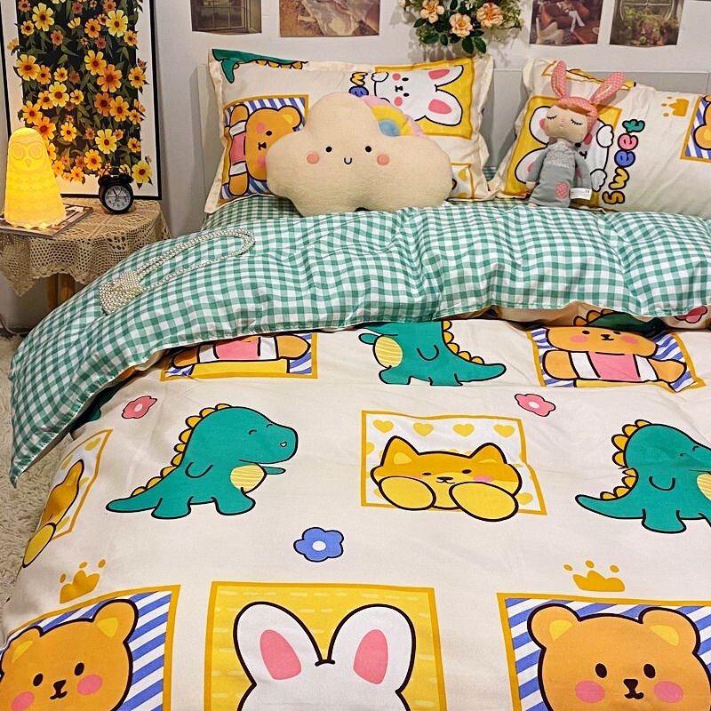 Dinosaur Bedding Set Kawii Boys Girls Duvet Cover Flat Sheet Pillowcase New Single Queen Bed Linen Soft Kids Home Textile