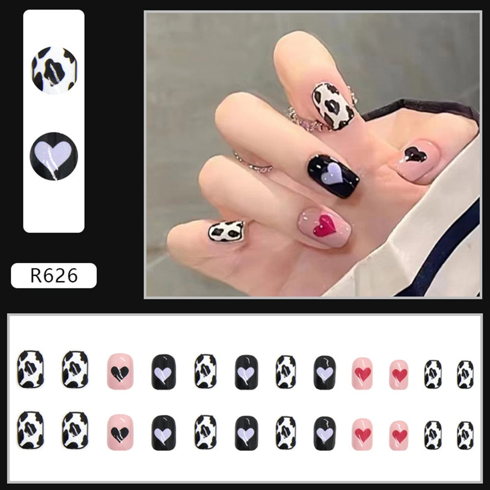 24pcs Gradient False Nails Cute Star Printed Design Fake Nail Short Square Faux Ongles Manicure Nail Stickers Press On Nail Tips