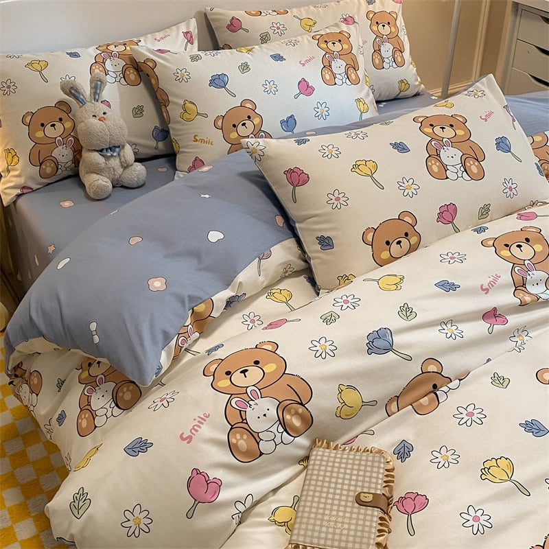 Qfdian Four Piece Bedding Set Cartoon Printed Cotton Bedsheets Set with Pillows Case Quilt Cover Three Piece Suit Home Textiles