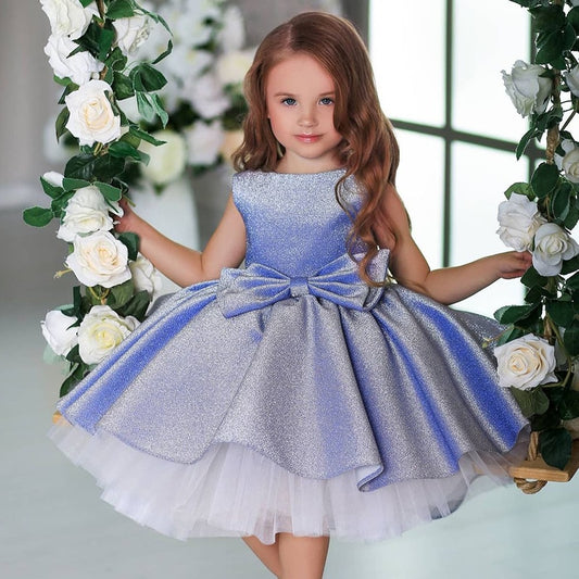 Qfdian Kids Formal Prom Shiny Girls Dresses for Weddings Bow Mesh Christmas Princess Costume Girl Birthday Party Gown 4-10 Year vestido