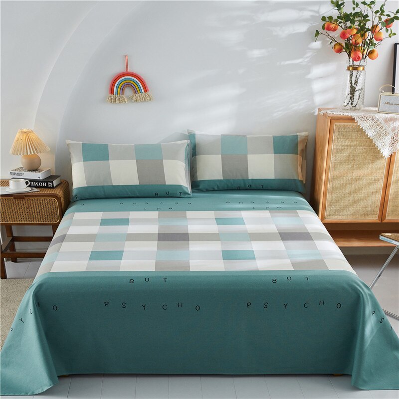 Qfdian Fashion Colorful Plaid Print Bed Sheet Set 100% Cotton Skin-friendly Single Double Bedsheet Sets Home Flat Sheet Pillow Covers