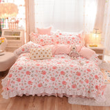 Ins Fashion Solid Bedding Set with Fitted Bed Sheet Cute Princess AB Double Sided Ruffle Quilt Cover Pillowcase Full Queen King
