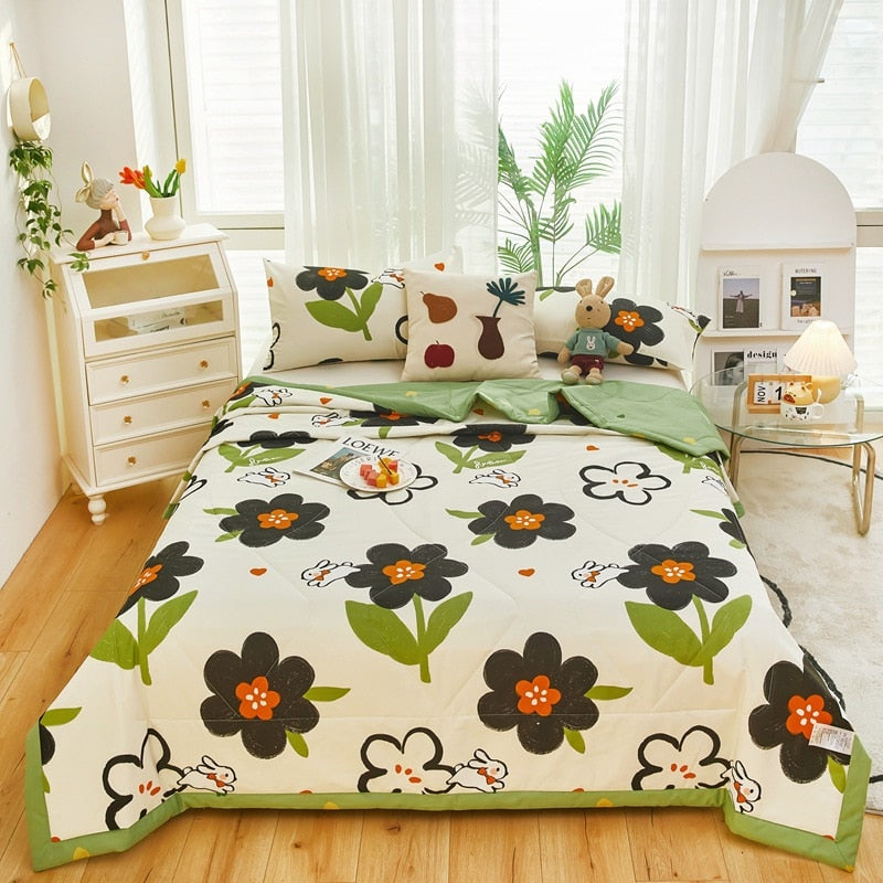 Floral Summer Quilt Cotton Material Washable Air-conditioning Cool Comforter Breathable Blanket Single Double Thin Bed Cover