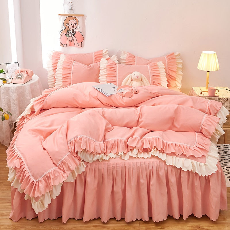 4pcs Couple Bed Quilt Set Sheet Bedsheet Bedspread Queen Size Duvets Cover Linens Comforter Bedding with Pillowcases Luxury Pink