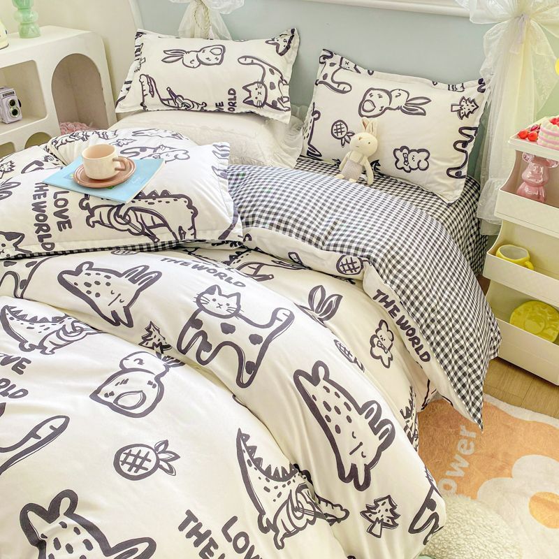 Floral Bedding Set Kawaii Rabbit Duvet Cover Flat Sheet Pillowcase Soft Bed Linens Single Full Dormitory Bedroom Home Textile