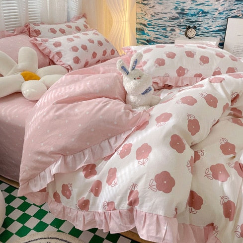 Lovely 100% Pure Cotton Bedding Set Full Size Cute Ruffles Single Doubel Duvet Cover Set Princess Girls Woman Cozy Bedding Sets