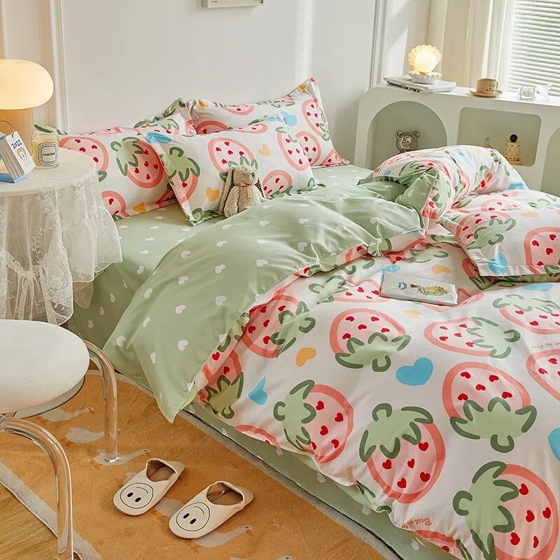 Ins Pastoral Style Green Floral Duvet Cover With Pillow Case Princess Bed Sheet Kids Girls Bedding Set King Queen Cute Kawaii