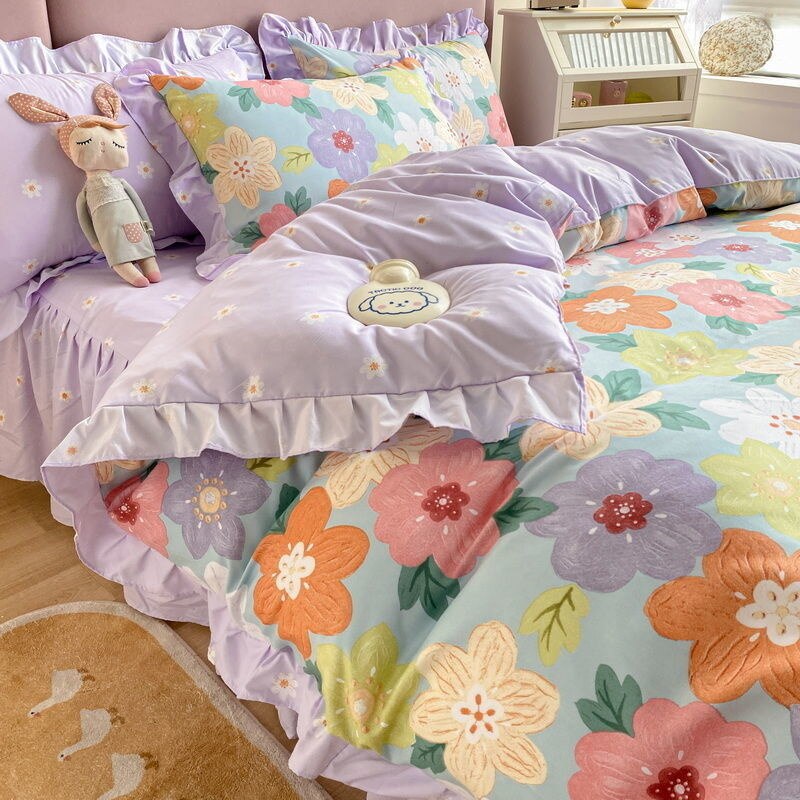 Simple Bedding Set Cute Girl Ruffle Lace Duvet Cover Bed Sheet Pillowcase Kawaii Cartoon Flower Quilt Cover 240x220cm