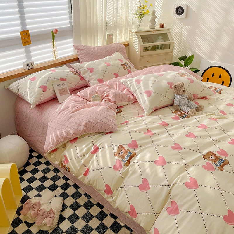 Ins Style Bedding Set Cotton Soft Flat Fitted Sheet Duvet Cover Pillowcase Floral Rabbit Boy Girls Home Textile Bedclothes