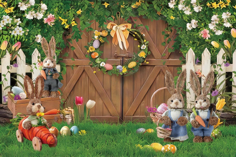 Qfdian Party decoration hot sale new Spring Easter Backdrop Brick Wall Egg Rabbit Newborn Baby Birthday Party Decor Wood Floor Photography Background Photo Studio