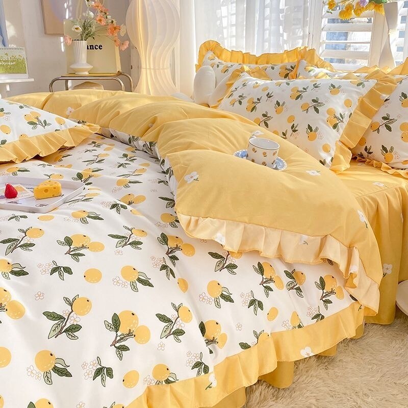 Purple Tulip Floral Printed Bedding Set Girl Princess Lace Duvet Cover Simple Flower Quilt Cover Bed Skirt Pillowcase
