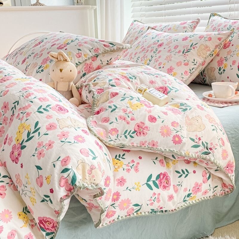 Cute Orange Bedding Sets ins Flower Duvet Cover Bed Sheet Soft Washed Cotton For Girl Single Size Bedspread