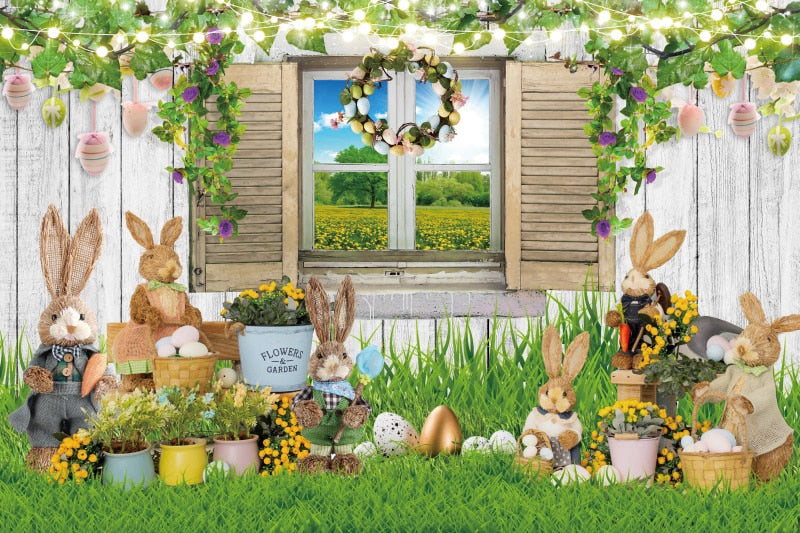 Qfdian Party decoration hot sale new Spring Easter Backdrop Brick Wall Egg Rabbit Newborn Baby Birthday Party Decor Wood Floor Photography Background Photo Studio