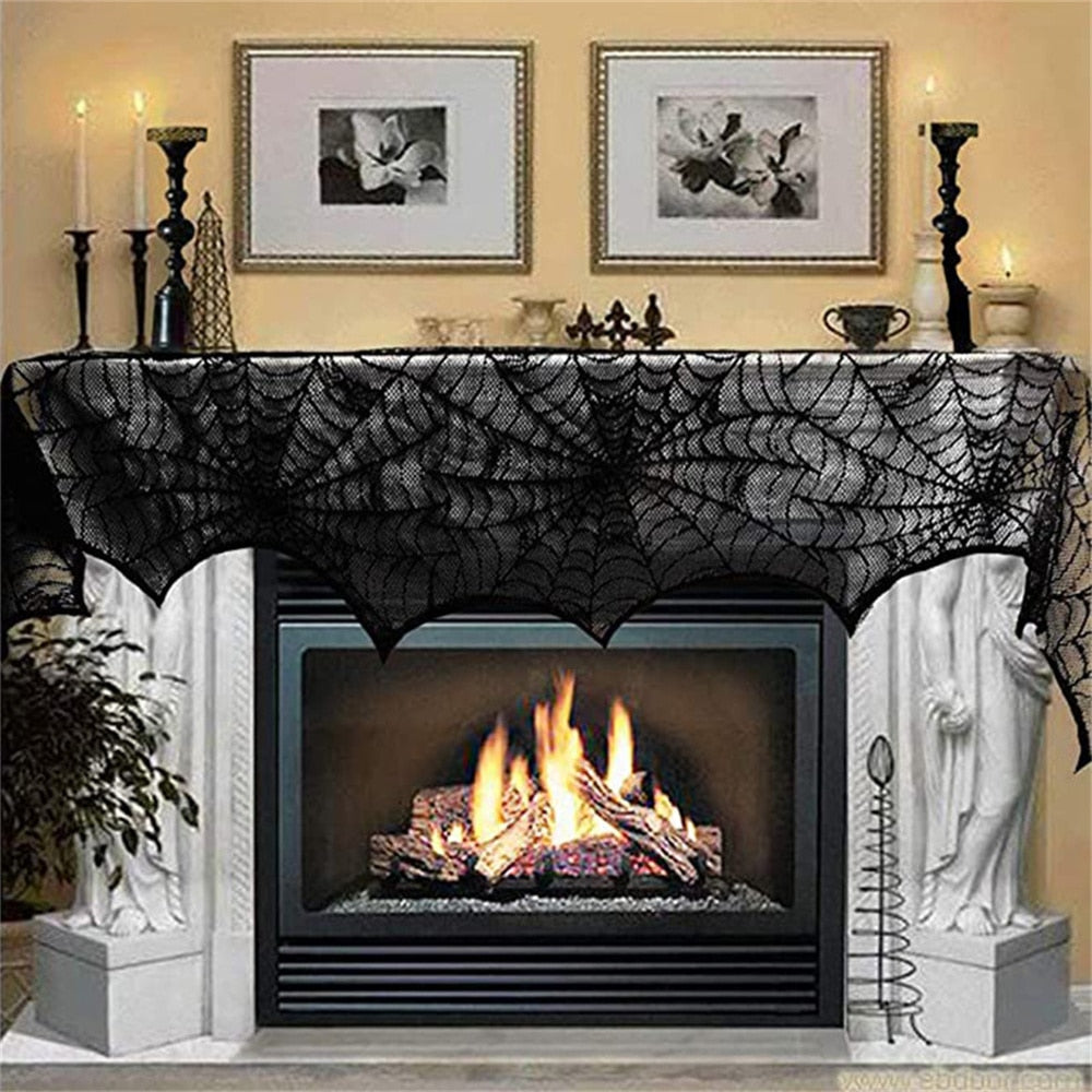 Qfdian halloween decorations halloween costumes halloween gift Halloween Bat Table Runner Black Spider Web Lace Tablecloth Fireplace Curtain for Halloween Party Decoration Horror House Props