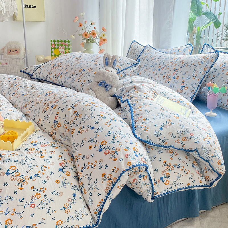 Ins Flower Bedding Sets Floral Summer Duvet Cover With Flat Sheet For Girls Woman Deocr Bedroom