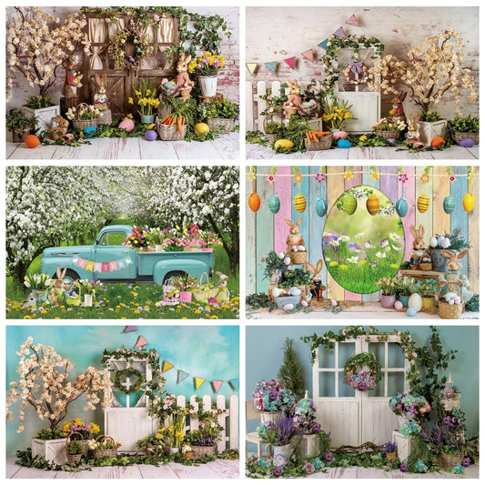 Qfdian Party decoration hot sale new Spring Easter Backdrop Brick Wall Egg Rabbit Newborn Baby Birthday Party Decor Wood Floor Photography Background Photo Studio