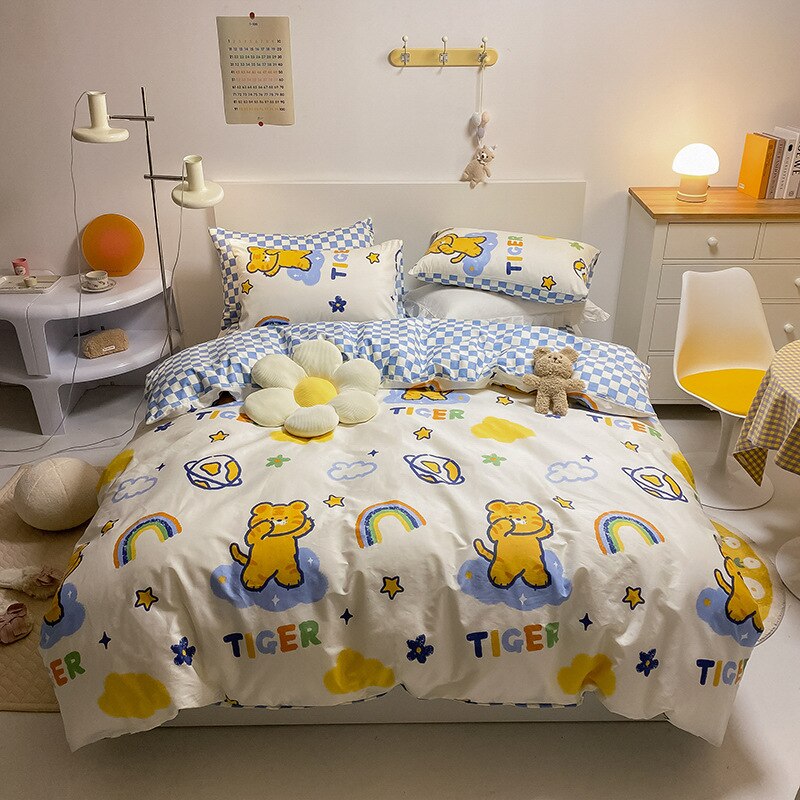 Kawaii Kids Bedding Set Soft Cotton Flat Fitted Sheet Duvet Cover Pillowcases Single Queen Cartoon Boy Girls Dormitory Bed Linen