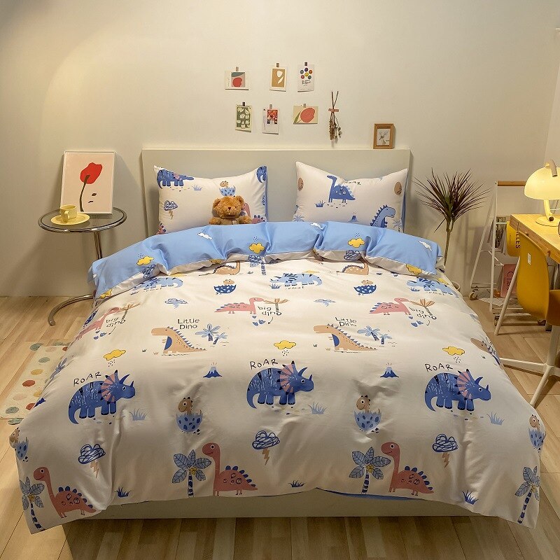 Kawaii Kids Bedding Set Soft Cotton Flat Fitted Sheet Duvet Cover Pillowcases Single Queen Cartoon Boy Girls Dormitory Bed Linen